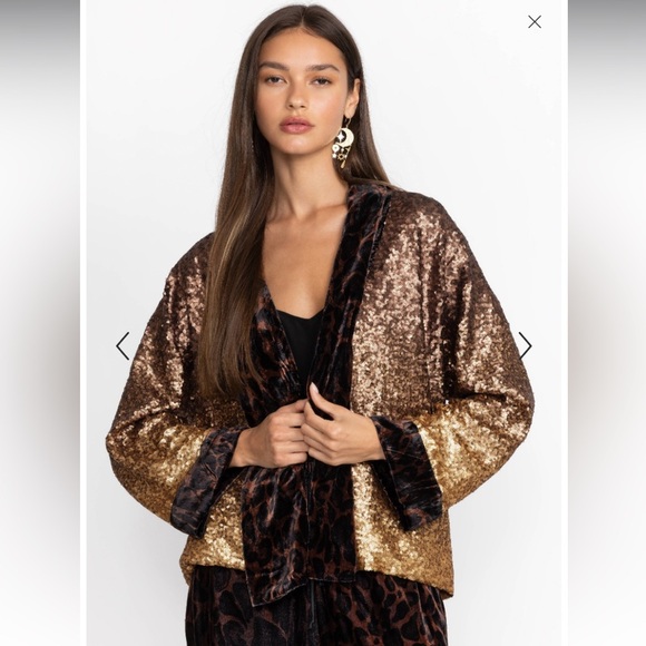 JOHNNY WAS SEQUIN GOLD PLAZA KIMONO $398 BOHO DESIGNER ANIMAL PRINT fall jacket - Picture 1 of 11